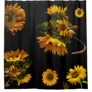 Elegant black and yellow sunflowers shower curtain