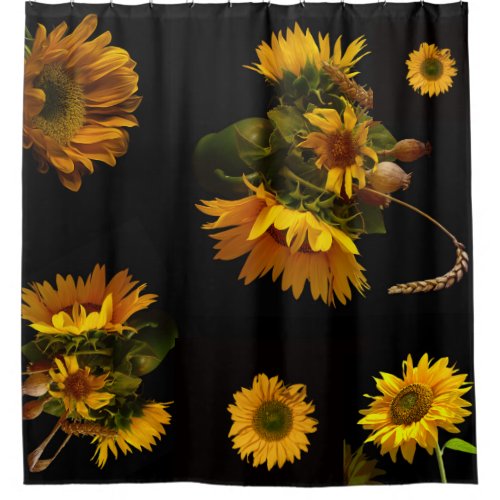 Elegant black and yellow sunflowers shower curtain