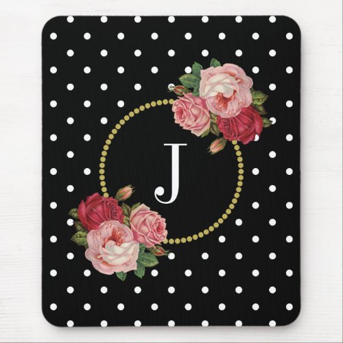 Elegant Black Antique Floral Polka Dots Monogram Mouse Pad