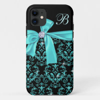 Elegant Black Aqua Damask Diamond Bow Monogram