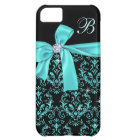 Elegant Black Aqua Damask Diamond Bow Monogram