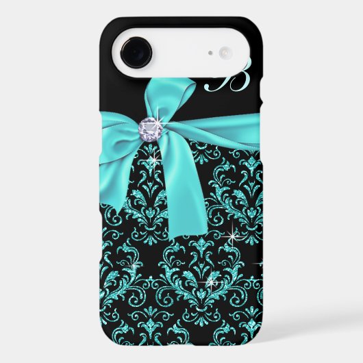 Elegant Black Aqua Damask Diamond Bow Monogram Case-Mate iPhone Case (Back)