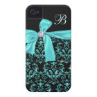 Elegant Black Aqua Damask Diamond Bow Monogram