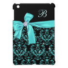 Elegant Black Aqua Damask Diamond Bow Monogram