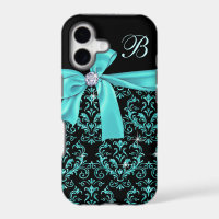 Elegant Black Aqua Damask Diamond Bow Monogram