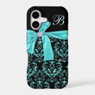 Elegant Black Aqua Damask Diamond Bow Monogram iPhone 17 Case