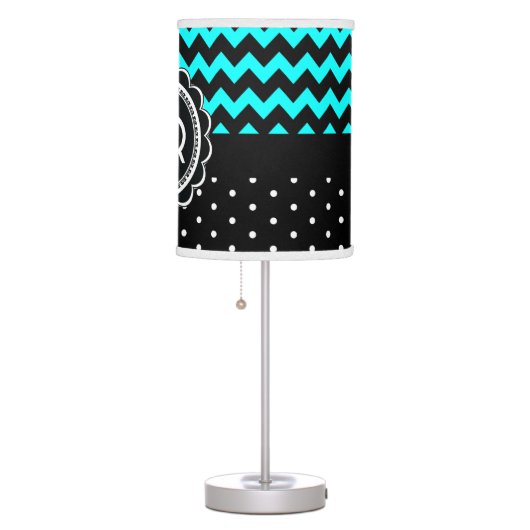Elegant Black Aqua Retro Polka Dot Chevron Table Lamp (Right)