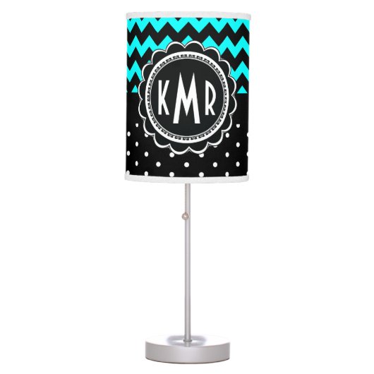 Elegant Black Aqua Retro Polka Dot Chevron Table Lamp (Front)