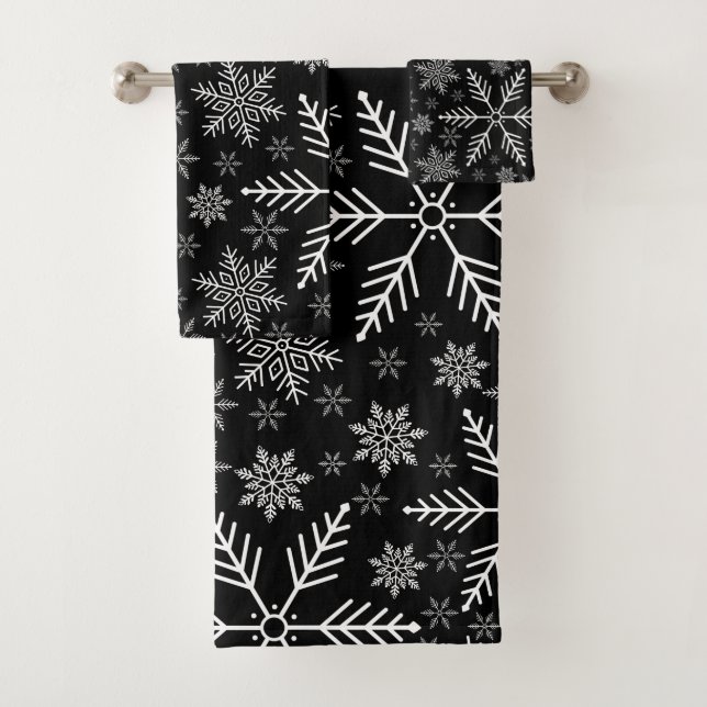 Elegant Black Aqua White Winter Snowflake  Bath Towel Set (Insitu)