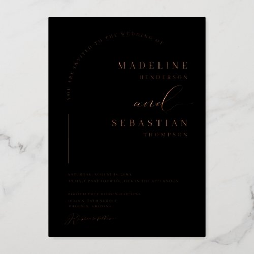 Elegant Black Arch Minimal Wedding Rose Gold Foil Invitation