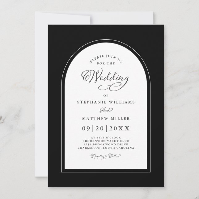 Elegant Black Arch Modern Calligraphy Wedding Chic Invitation (Front)