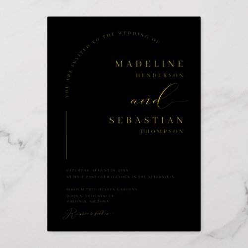 Elegant Black Arch Modern Minimal Wedding Gold Foil Invitation