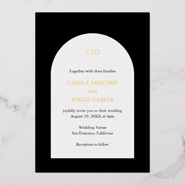 Elegant Black Arch Modern Wedding Foil Invitation (Front)