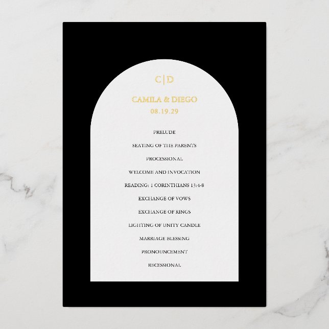 Elegant Black Arch Modern Wedding Foil Program (Front)