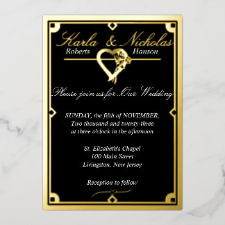 Elegant Black Art Deco Heart Wedding Foil Invitation