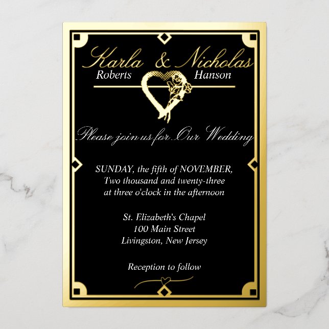 Elegant Black Art Deco Heart Wedding Foil Invitation (Front)