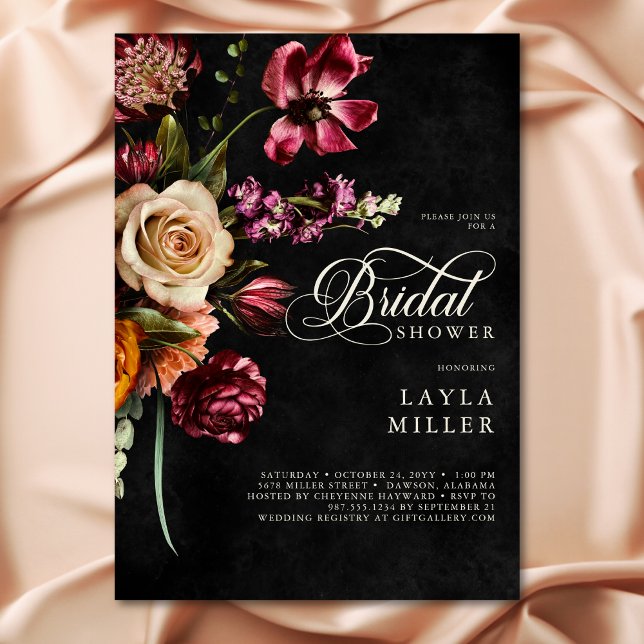 Elegant Black Autumn Floral Script Bridal Shower Invitation (Creator Uploaded)