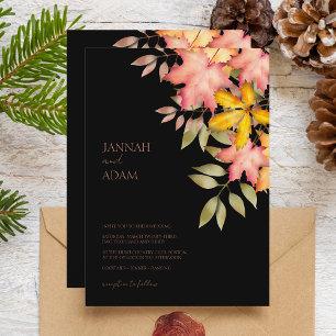 Elegant Black Autumn Leaves Wedding Invitation