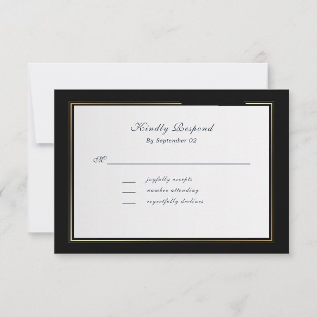 Elegant Black Background Gold Frame RSVP (Front)