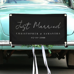 Elegant Black Background Just Married Wedding Car Banner