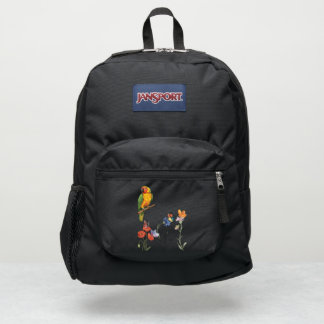 Elegant black backpack witch golden parrot design