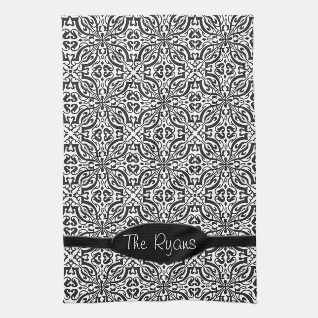 Elegant Black Baroque Damask Monogram Kitchen Towel (Vertical)