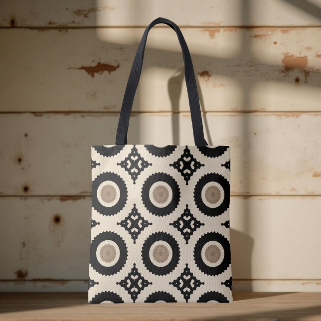 Elegant Black Beige Brown Geometric Pattern Tote Bag (Creator Uploaded)