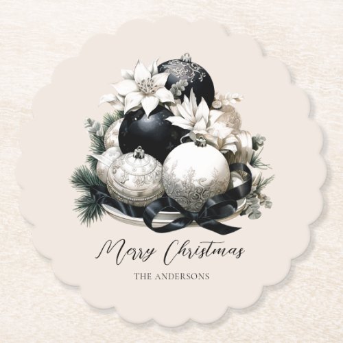 Elegant black beige ivory Christmas ornament Paper Coaster