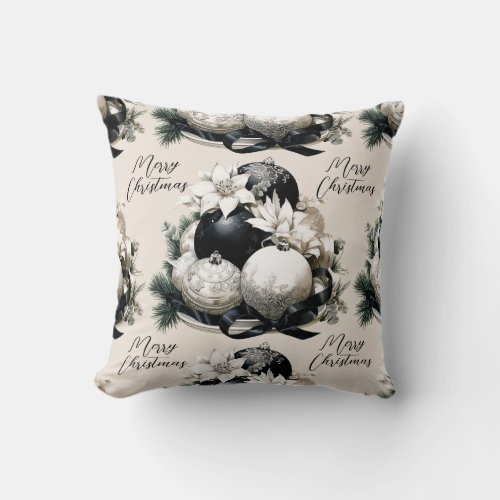 Elegant black beige ivory Christmas ornament Throw Pillow