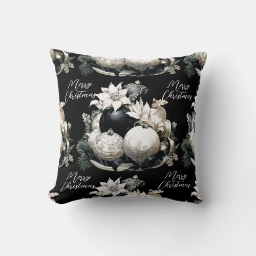 Elegant black beige sage green Christmas ornament Throw Pillow