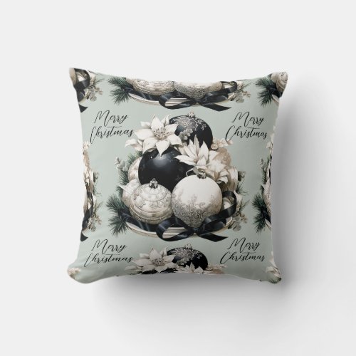 Elegant black beige sage green Christmas ornament Throw Pillow