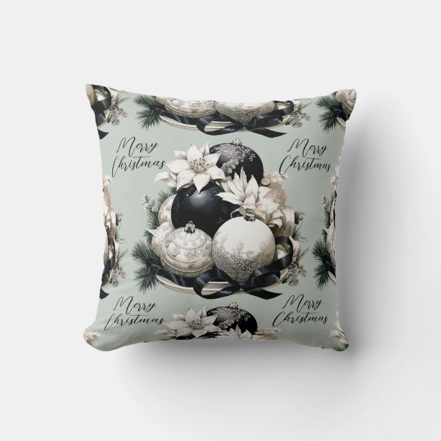 Elegant black beige sage green Christmas ornament Throw Pillow (Front)