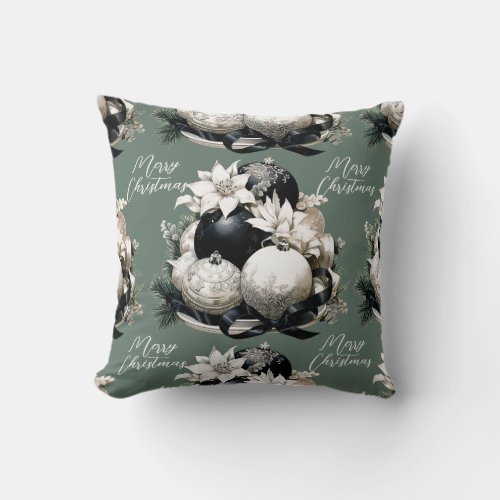 Elegant black beige sage green Christmas ornament Throw Pillow