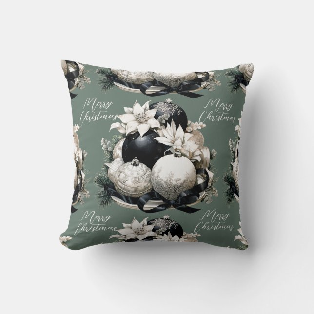 Elegant black beige sage green Christmas ornament Throw Pillow (Front)