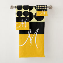 Elegant black  beige &  yellow dots monogram name