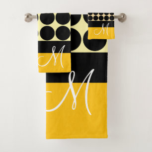 Elegant black  beige &  yellow dots monogram name bath towel set