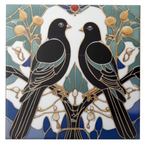 Elegant Black Birds Art Nouveau Bird Art Deco Ceramic Tile