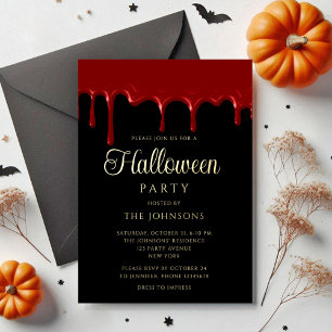 Elegant Black Blood Dripping Halloween Gold Foil Invitation
