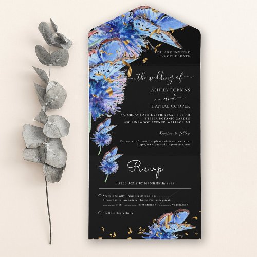 Elegant Black Blue Butterflies Wedding All In One Invitation