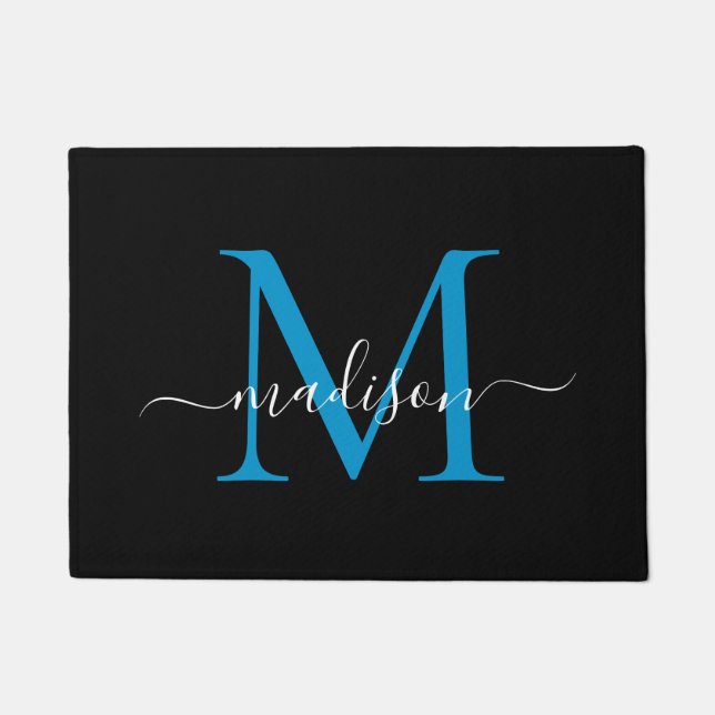 Elegant Black Blue Custom Monogram Script Name Doormat (Front)