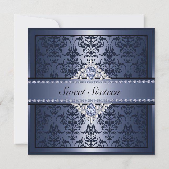 Elegant Black & Blue Damask Sweet16 Invite (Front)