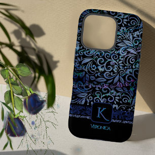 Elegant Black Blue Floral Monogram iPhone 16 Pro Case