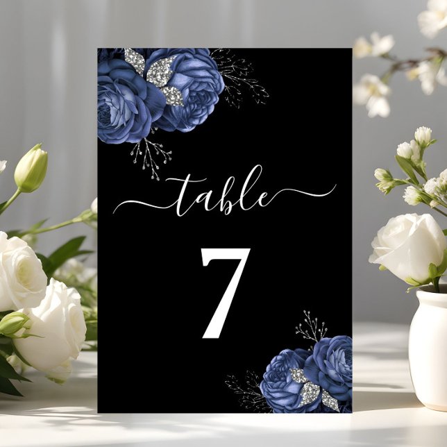 Elegant Black Blue Floral  Table Number (Elegant Black Blue Floral Table Number)