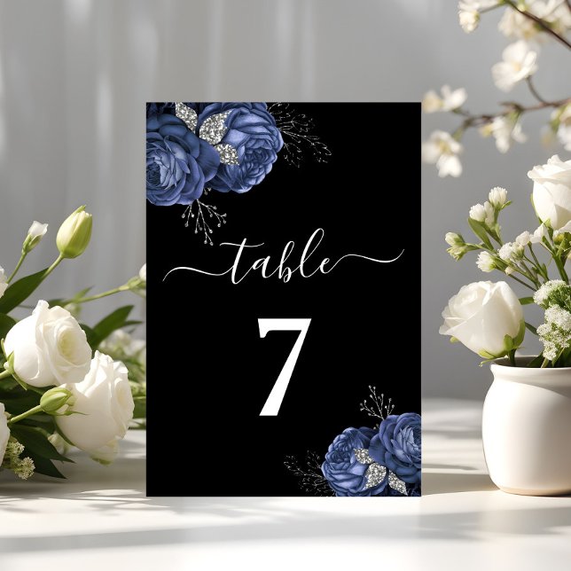 Elegant Black Blue Floral  Table Number (Elegant Black Blue Floral Table Number)