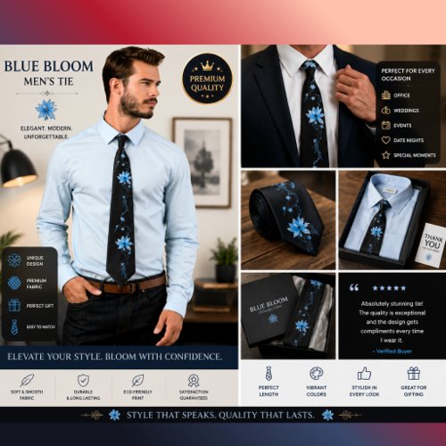 Elegant Black Blue Floral Tie | Blue Blossom Botan