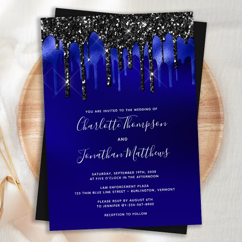 Elegant Black Blue Glitter Drips Police Wedding Invitation