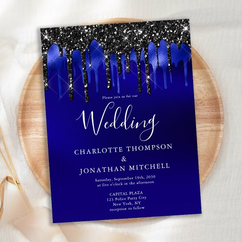 Elegant Black Blue Glitter Drips Police Wedding Invitation Postcard