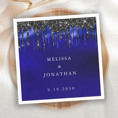 Elegant Black Blue Glitter Drips Police Wedding Napkins