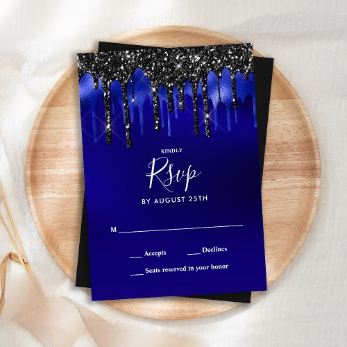 Elegant Black Blue Glitter Drips Police Wedding RSVP Card