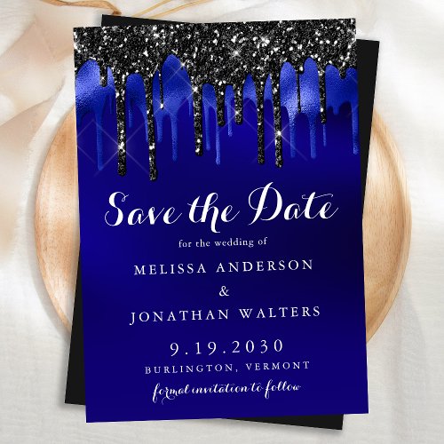 Elegant Black Blue Glitter Drips Police Wedding Save The Date